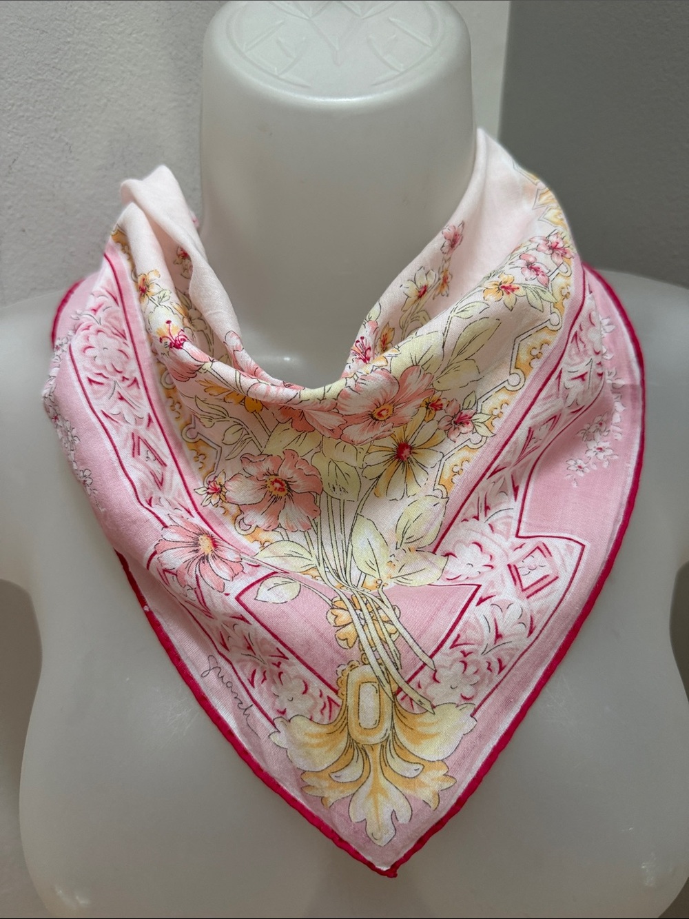 Vintage Guarchi Signed Floral Cotton Scarf 15x15 | Pink & Yellow Neckerchief